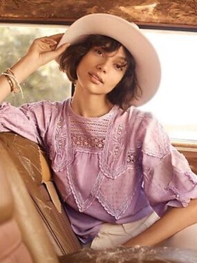 Lavender Anthropologie Aderyn blouse with lace and embroidery detailing.